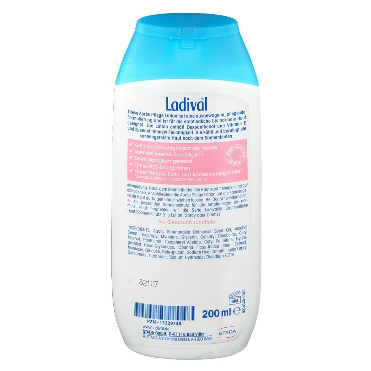 Rückseite der weißen Flasche. Aufschrift: Ladival, Après Pflege Lotion. Text und Inhaltsstoffe. 200 ml.