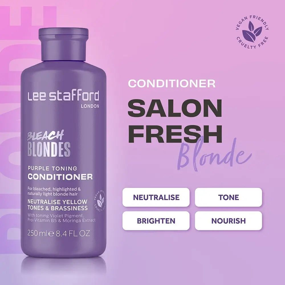 Flasche mit lila Tönungsbalsam neben Text, der die Vorteile hervorhebt: neutralisieren, tönen, aufhellen, pflegen.