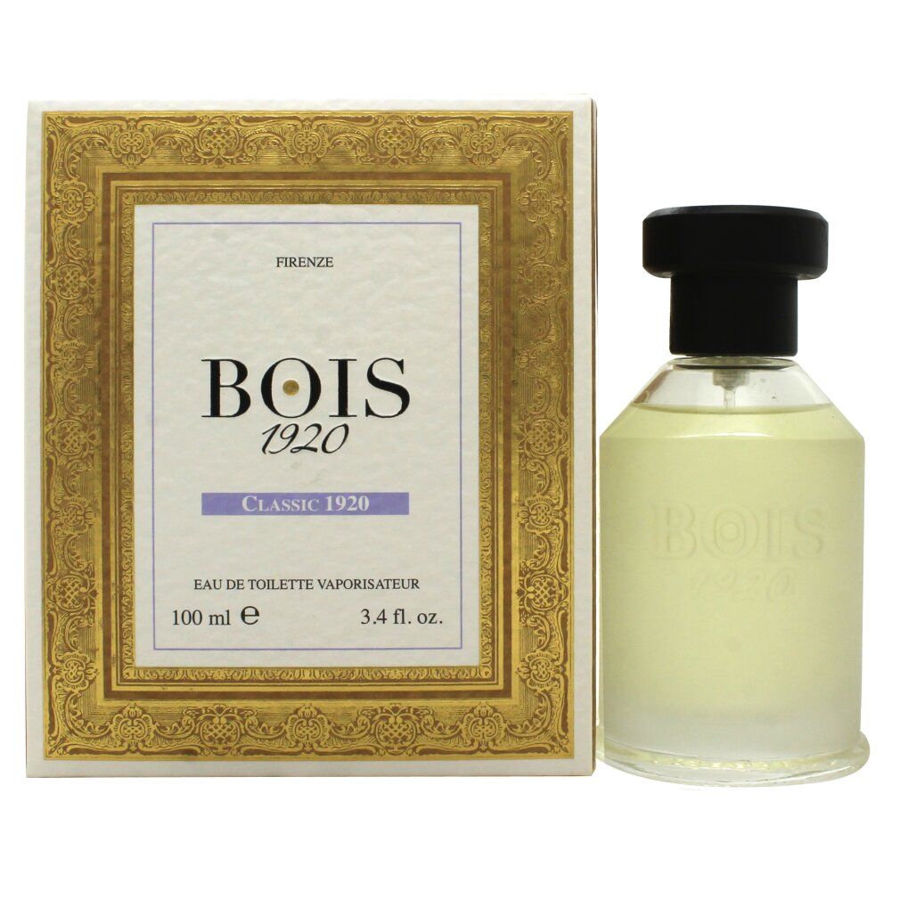 Flakon und Verpackung. Flakon mit schwarzem Verschluss. Verpackung mit goldfarbenem Rahmen und Produktnamen. Text: BOIS 1920 Classic 1920.