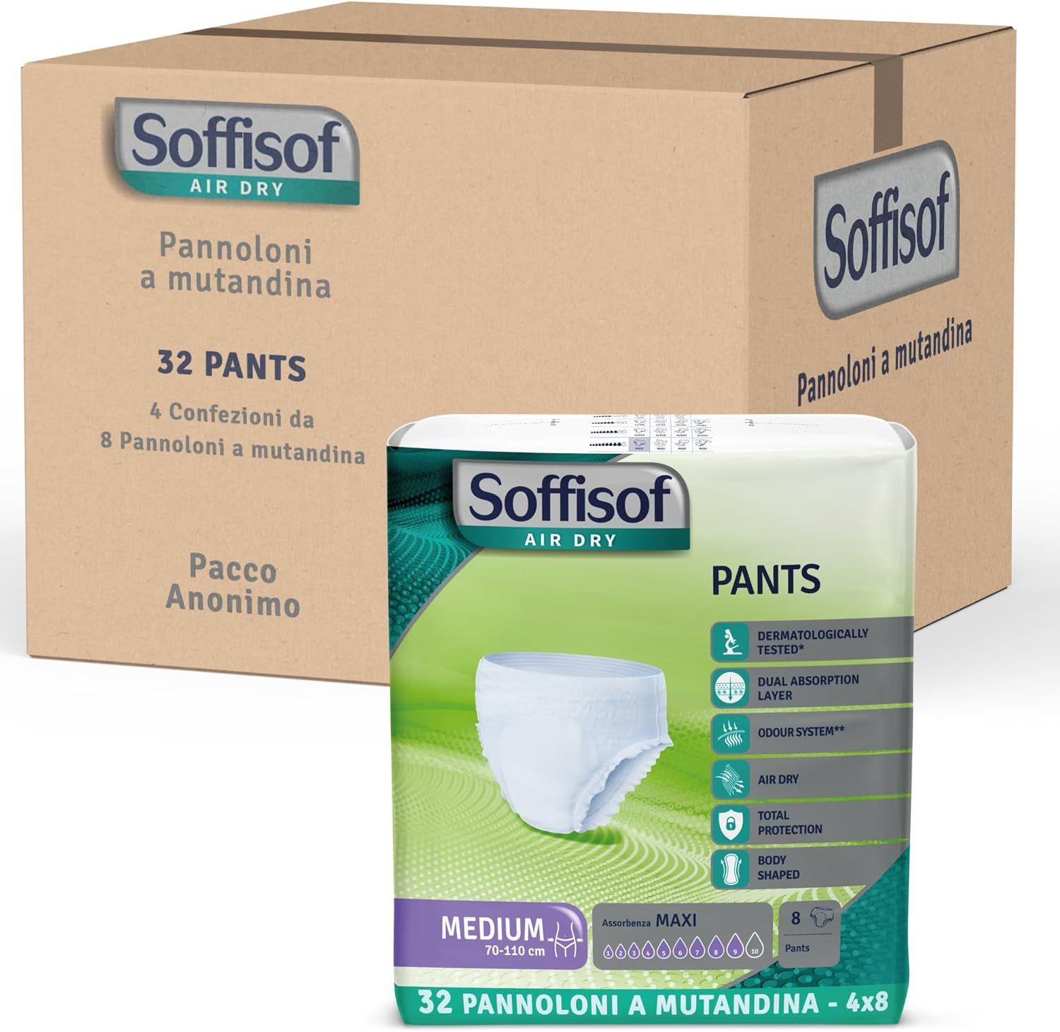 Soffisof Pants Maxi Inkontinenz Windelhosen. Verpackung und Karton. Medium, 70-110 cm. 32 Stück. Anonyme Verpackung.