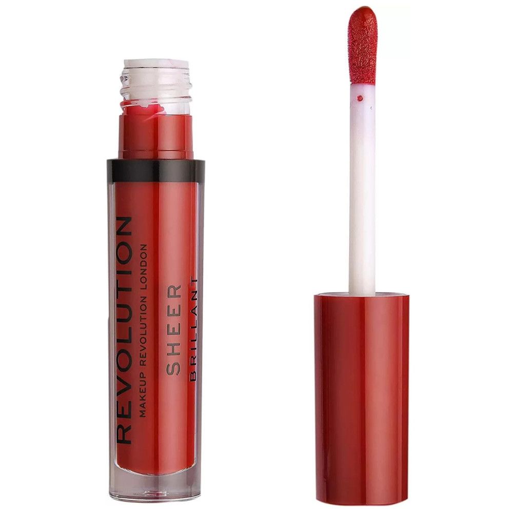 Lipgloss-Tube mit roter Flüssigkeit und Applikator. Aufschrift: REVOLUTION, SHEER, BRILLANT.