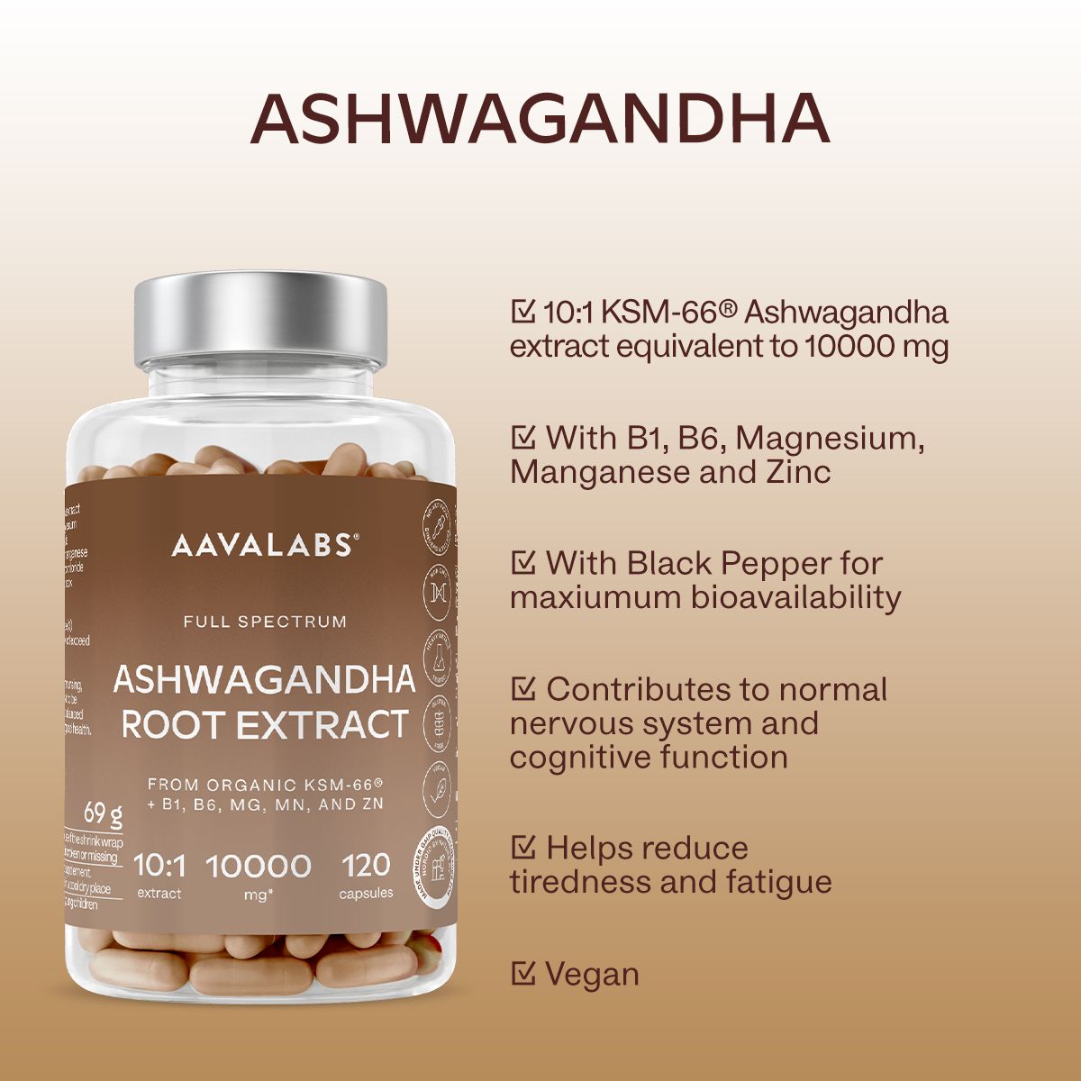 Aavalabs Ashwagandha KSM 66 Flasche mit Liste der Vorteile und Inhaltsstoffe.