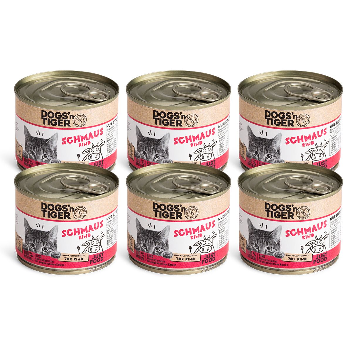 Sechs Dosen Katzenfutter. Auf jeder Dose ist das Logo "Dogs'n Tiger" und der Schriftzug "Schmaus" zu sehen.