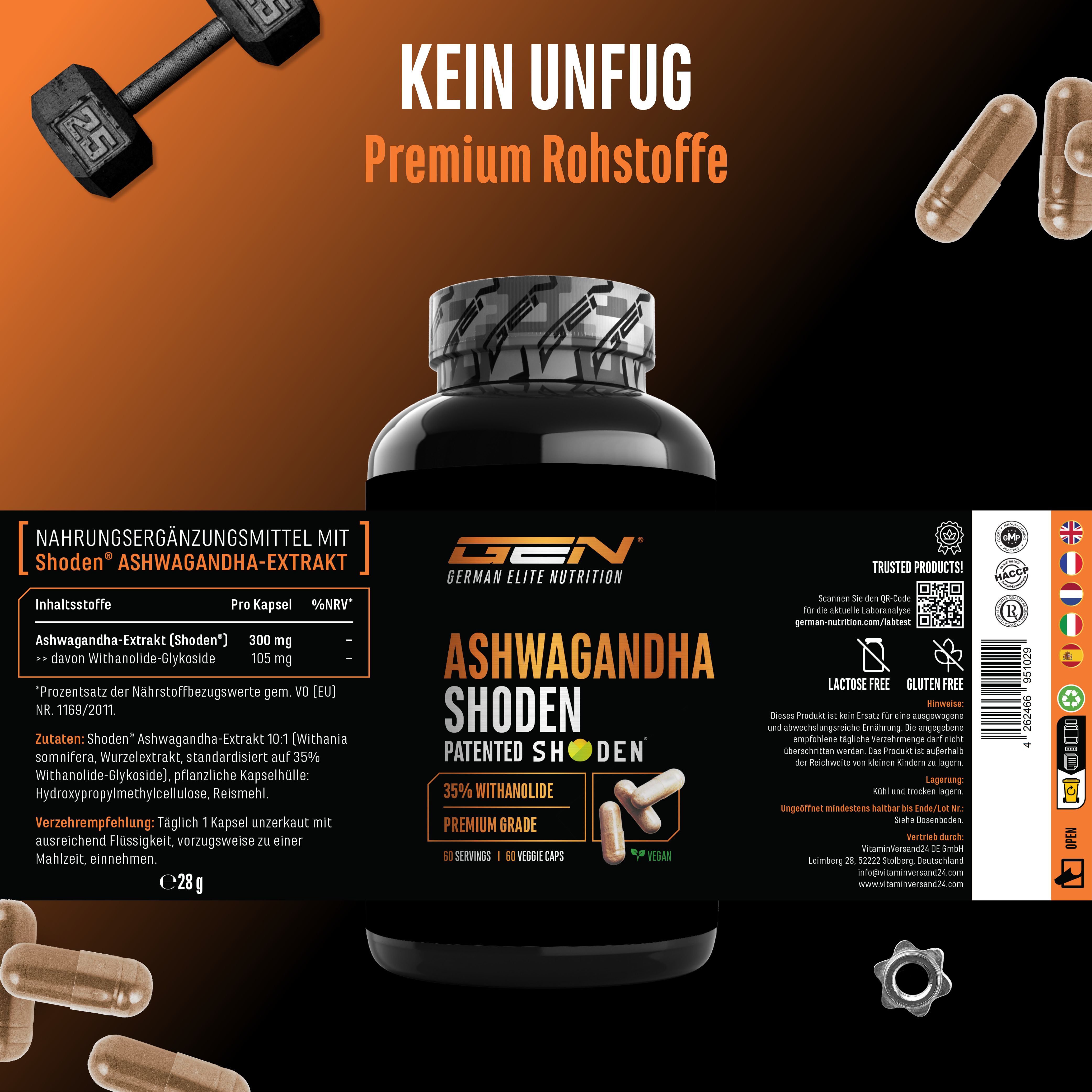 Etikett von GEN Ashwagandha Shoden. Enthält 60 Kapseln. 300 mg Ashwagandha-Extrakt pro Kapsel. Premium Rohstoffe. Vegan.