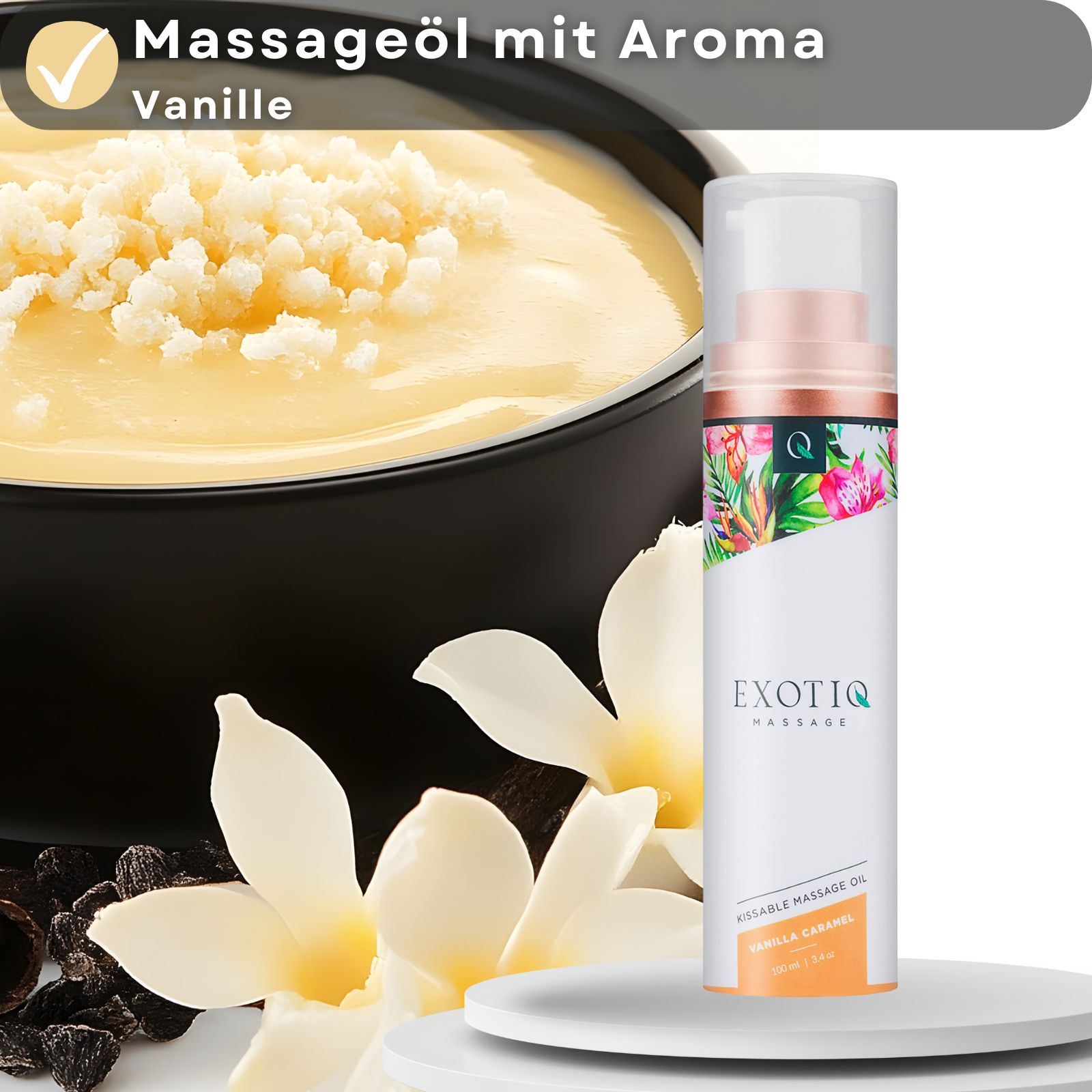 Produkt mit Text: Massageöl mit Aroma Vanille. Vanille-Dessert und Massageöl-Flasche.