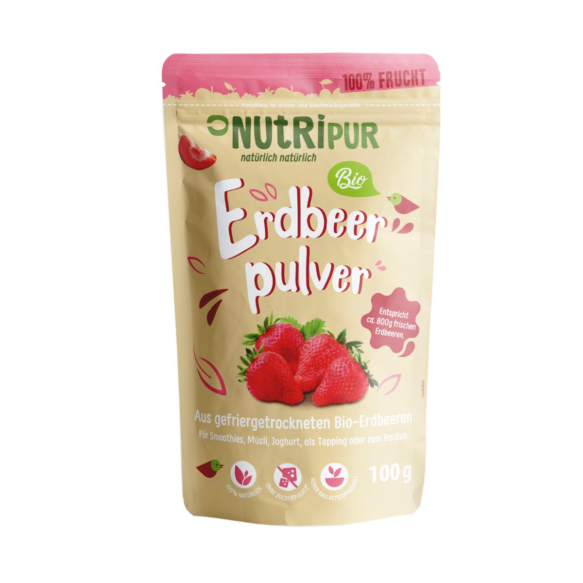 Beutel mit NutriPur Erdbeerpulver. Aufschrift: Bio, 100% Frucht, Erdbeerpulver, 100g. Abbildung von Erdbeeren. Siegel: Bio-Erdbeeren.