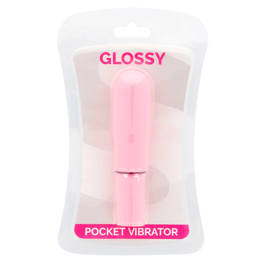 Rosa Vibrator in Blisterverpackung. Aufschrift GLOSSY und POCKET VIBRATOR.