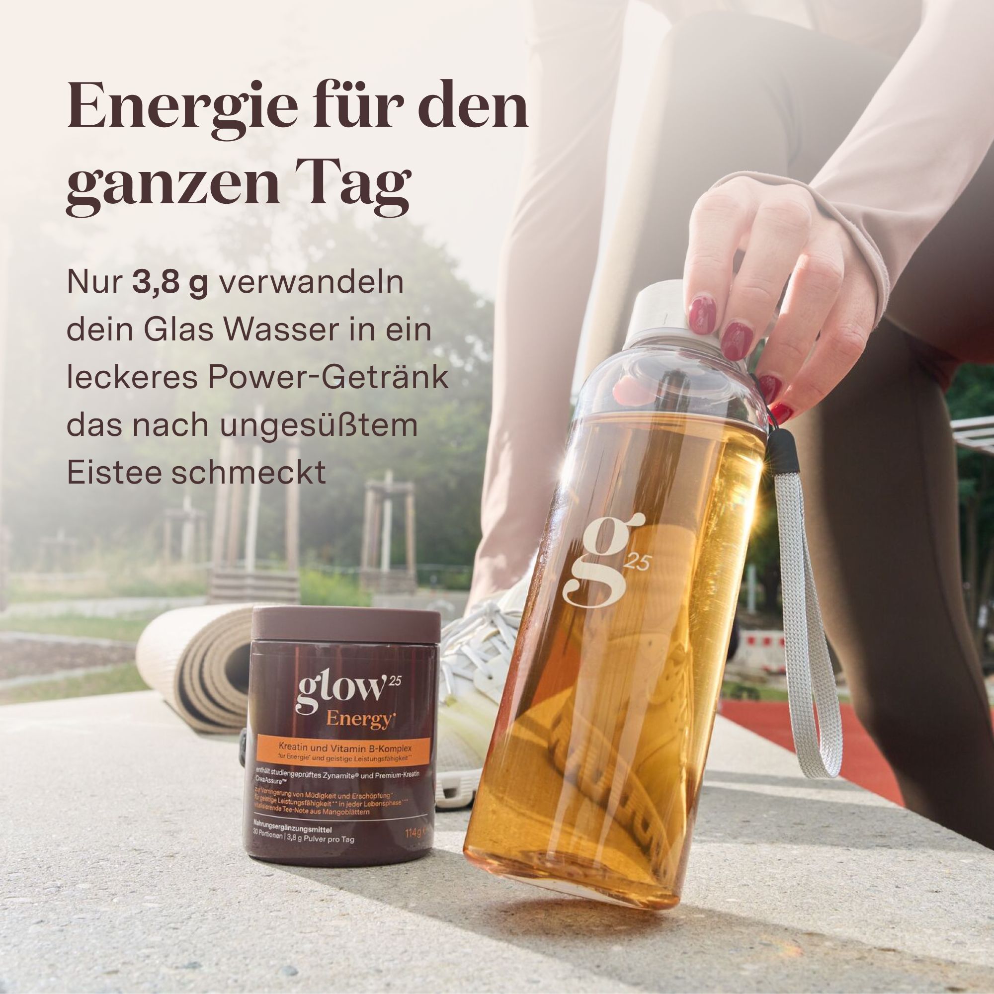 Glow25 Energy Pulverdose mit Informationen zu Kreatin und Vitamin B-Komplex.