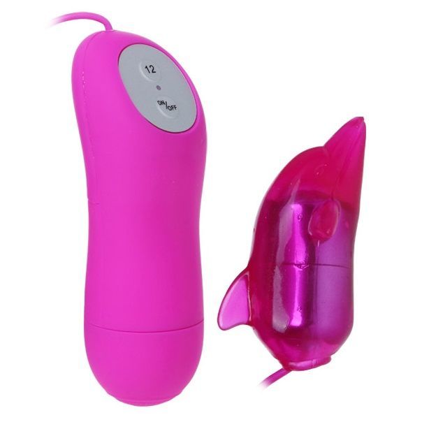 Rosa Vibrator mit Fernbedienung. Der Vibrator hat eine Delfinform. Die Fernbedienung hat einen Ein-/Ausschalter und eine Nummer 12.