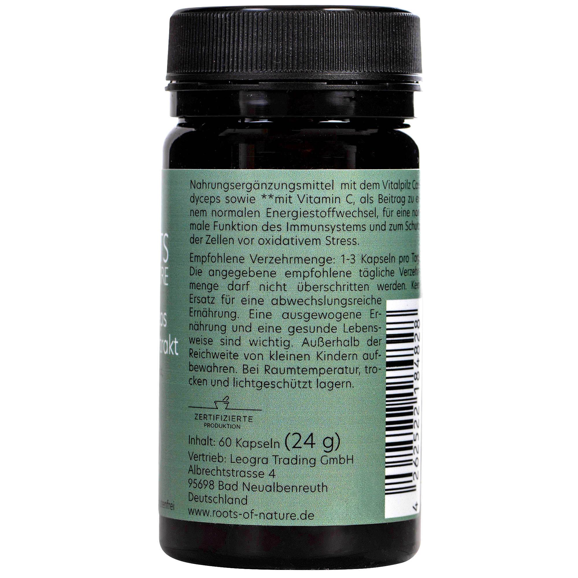 Rückseite einer Flasche Cordyceps Vitalpilzextrakt mit Informationen zu Nährwerten, Zertifizierungen und Vertrieb.