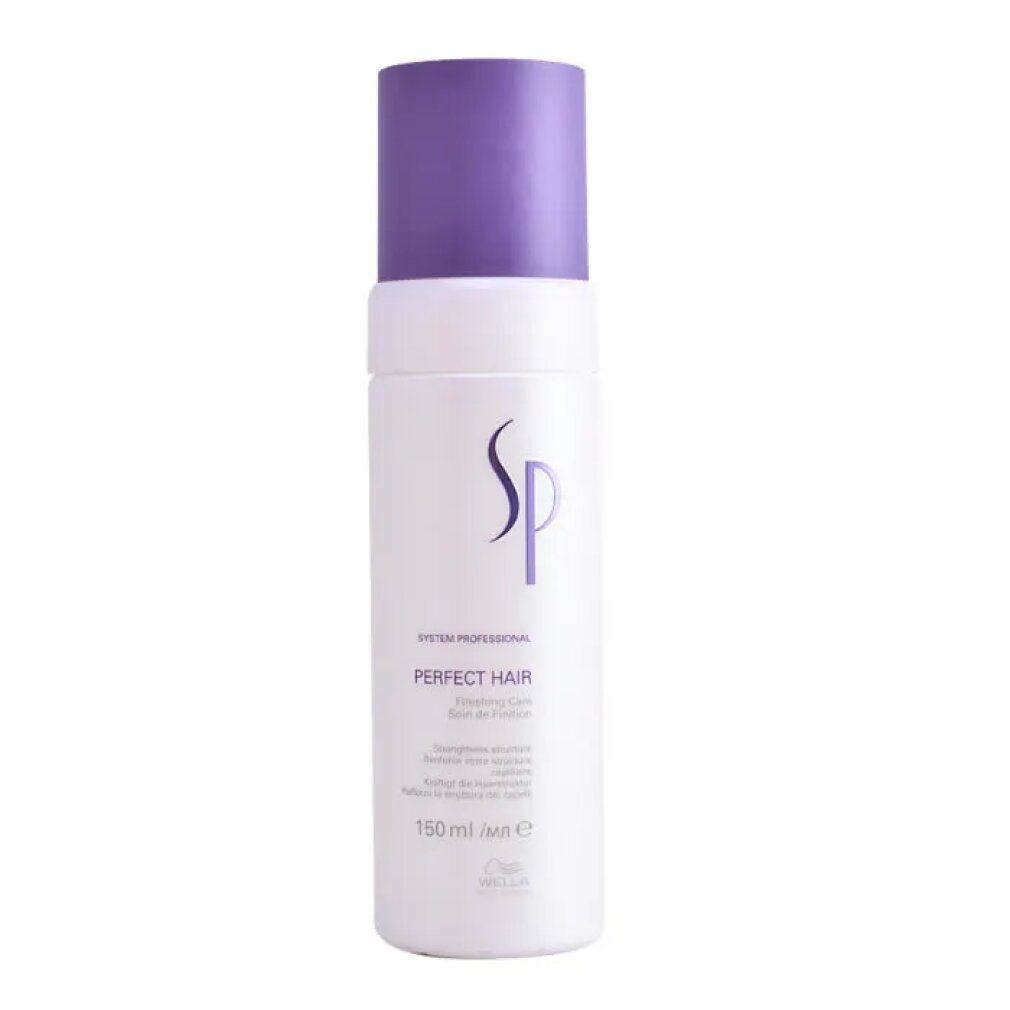 Weiße Flasche mit lila Deckel. Aufschrift: SP, PERFECT HAIR, 150 ml. Wella-Logo.