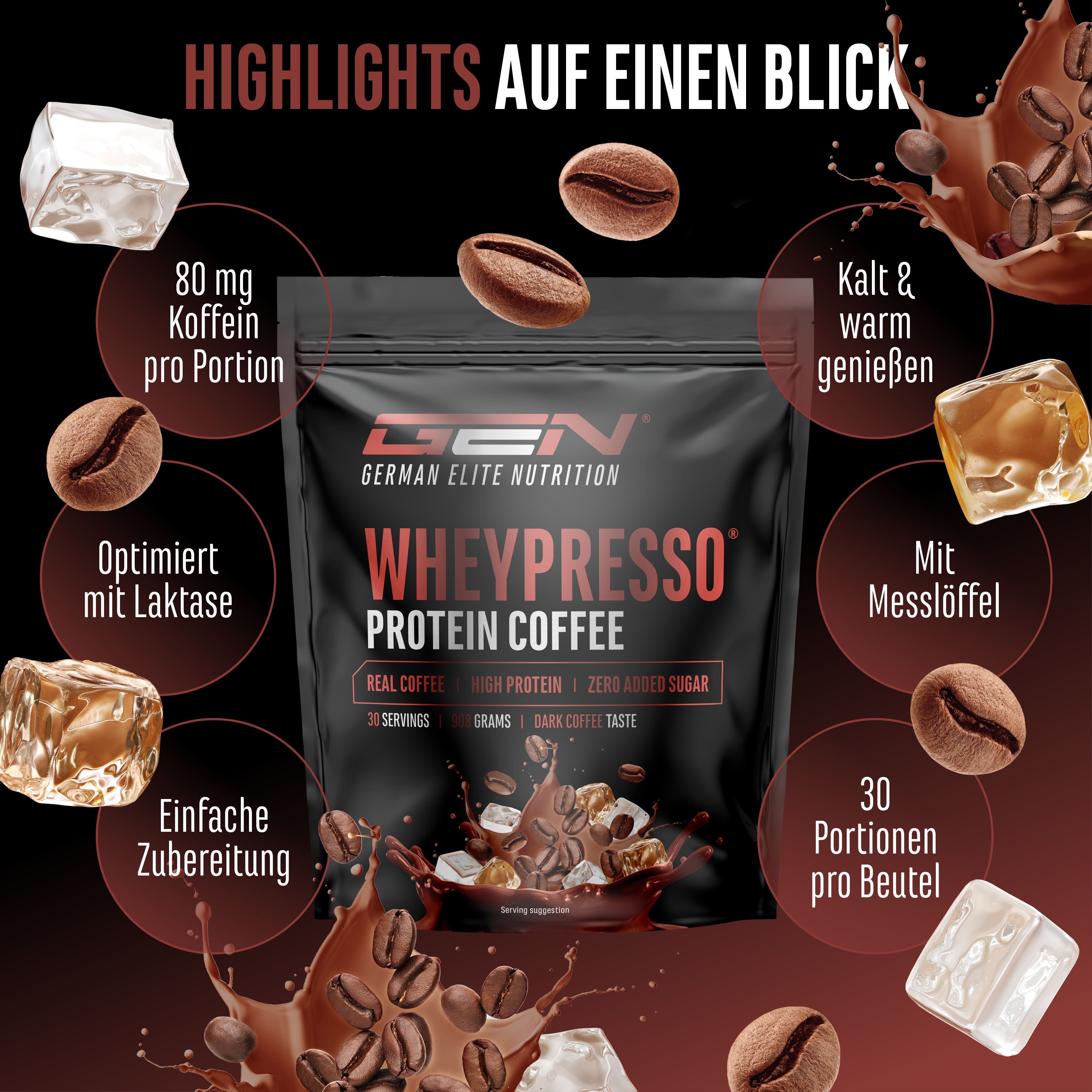 Schwarze Verpackung von GEN Wheypresso Protein Coffee. Enthält Kaffeebohnen, Eiswürfel und Text. Mit Messlöffel.