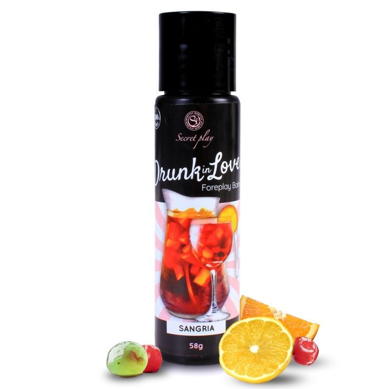 Flasche mit Sangria-Duft Foreplay Balm, 58g, mit Früchten dekoriert.