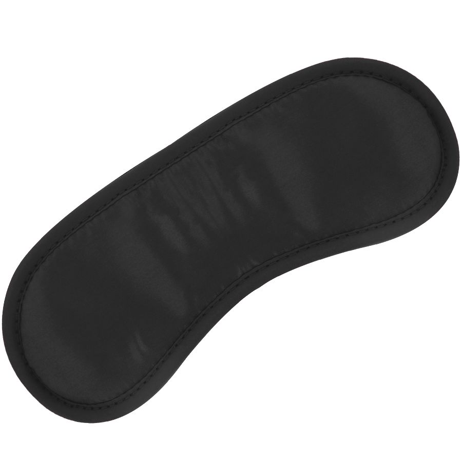 Schwarze Augenmaske aus Satin. Ovale Form mit genähter Kante. Gummiband zur Befestigung.