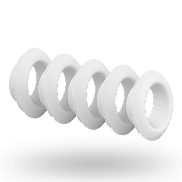 Fünf weiße, ringförmige Aufsätze. Runde Form mit Öffnung. Aus Silikon.