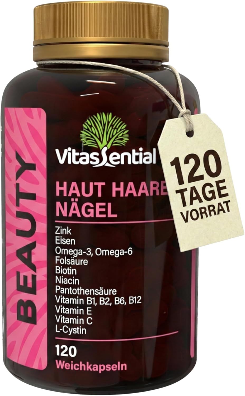 Braune Flasche mit Etikett. Text: Vitassential Haut Haare Nägel. Inhaltsstoffe aufgelistet. Anhänger: 120 Tage Vorrat.
