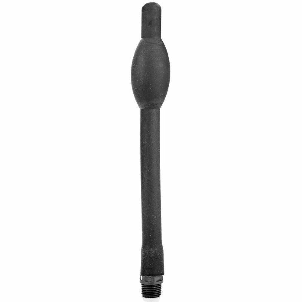 Schwarze Analsonde mit birnenförmigem Kopf und langem Schaft. Gewindeteil am Ende. Aus Gummi oder ähnlichem Material.