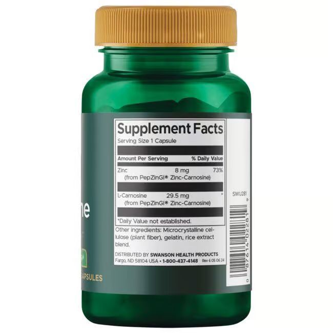 Rückseite der grünen Flasche. Aufschrift: Supplement Facts, Zink, L-Carnosine, Zutaten, Swanson Health Products.