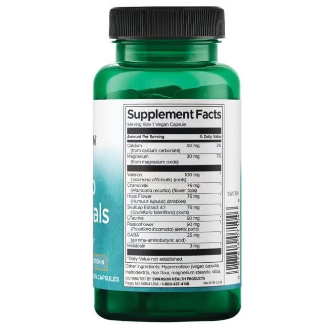 Rückseite einer grünen Flasche. Etikett mit Nährwertangaben: Valerian, Hopfen, GABA, Melatonin. 60 vegane Kapseln.