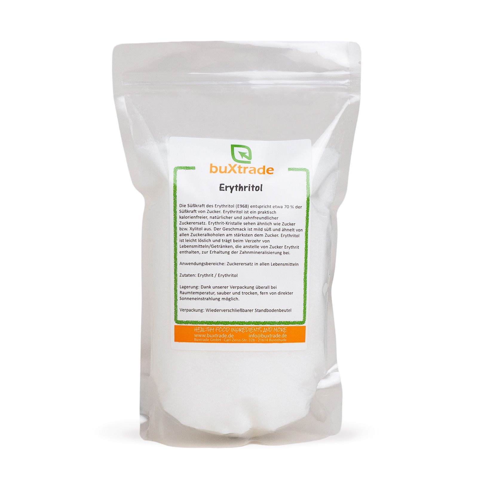 Transparente Verpackung mit buXtrade Erythritol. Weißes Pulver. Etikett mit Produktinformationen.