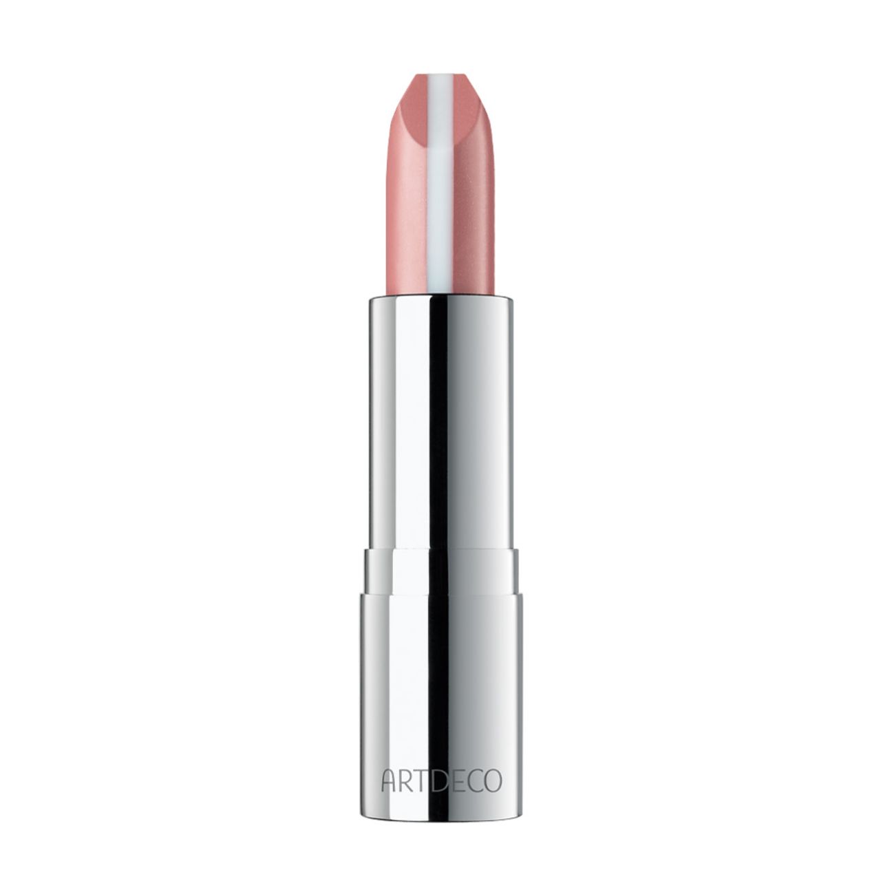 Artdeco Hydra Care Lippenstift. Silberfarbene Hülse, rosa Lippenstift mit weißem Streifen. Marke am Boden der Hülse.