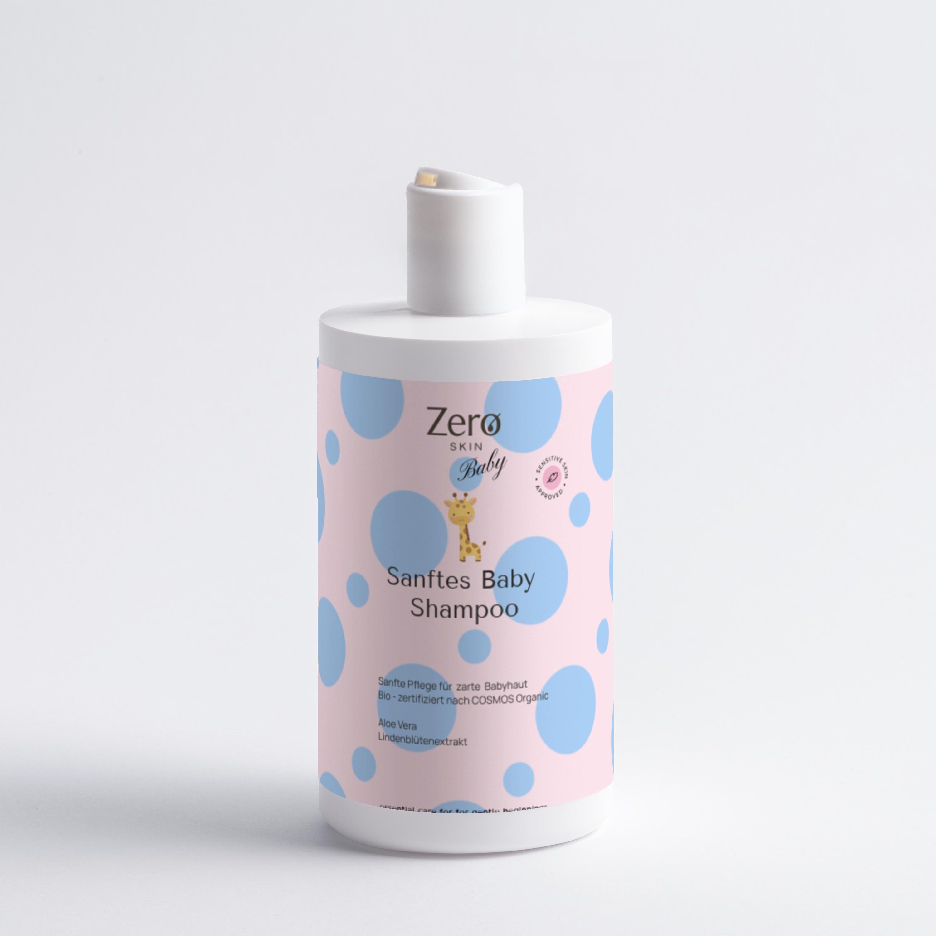 Baby-Shampoo-Flasche. Weiße Flasche mit rosa Etikett und blauen Punkten. Aufschrift: Sanftes Baby Shampoo.