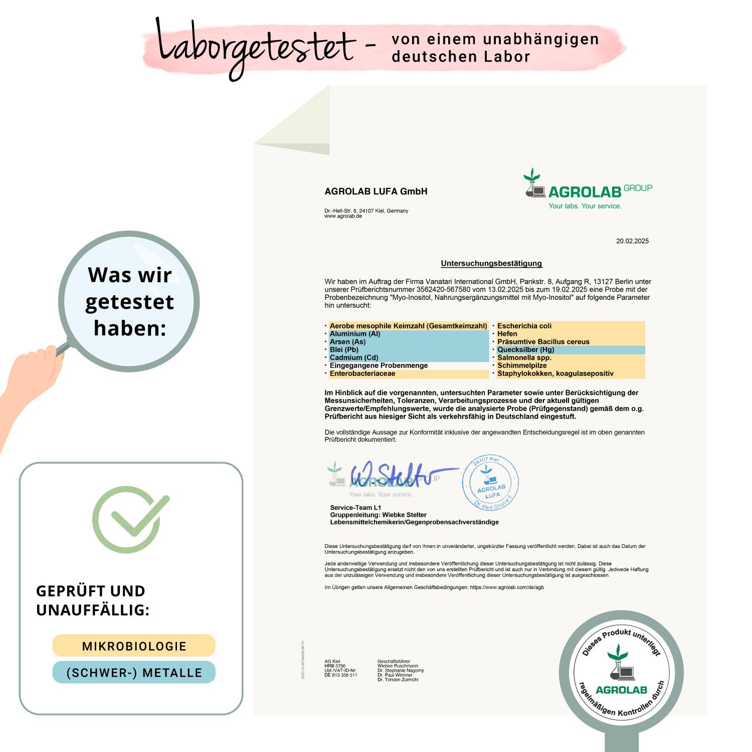 Zertifikat von Agrolab. Geprüft und unauffällig: Mikrobiologie, Schwermetalle. Logo: Agrolab Group.