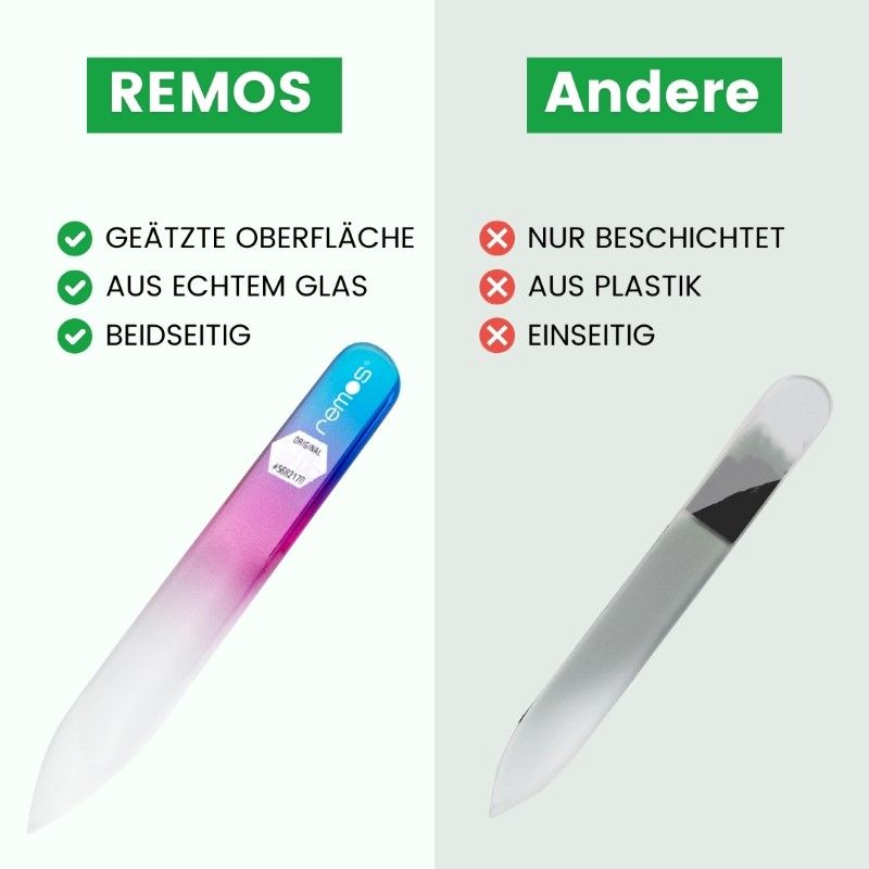 Glasnagelfeile von REMOS. Geätzte Oberfläche, aus Echtglas, beidseitig.