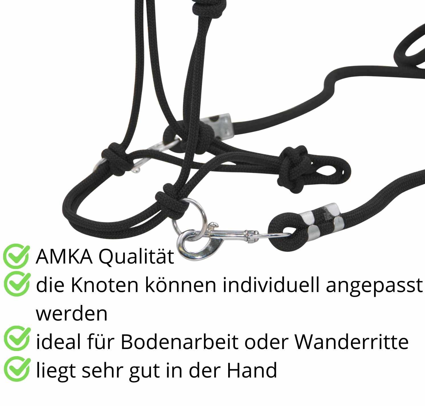 Schwarzes Knotenhalfter mit Zügel. AMKA Qualität. Knoten individuell anpassbar. Ideal für Bodenarbeit. Liegt gut in der Hand.