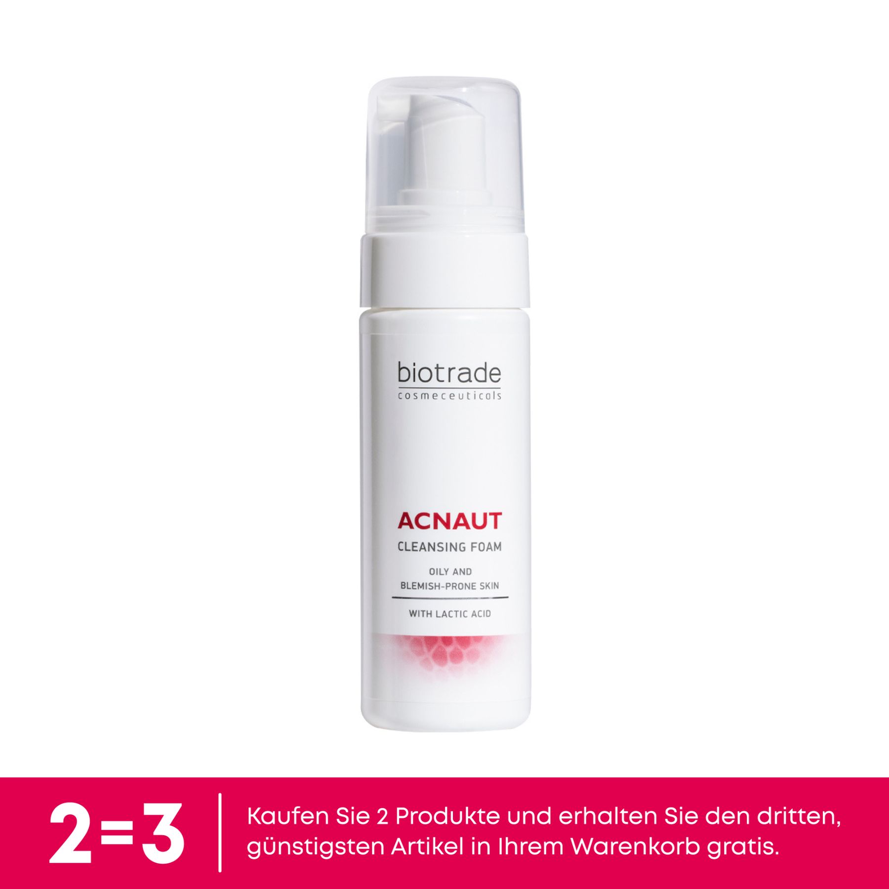 Weiße Flasche mit Pumpverschluss. Aufschrift: Biotrade, ACNAUT Cleansing Foam, für ölige und unreine Haut, mit Milchsäure.
