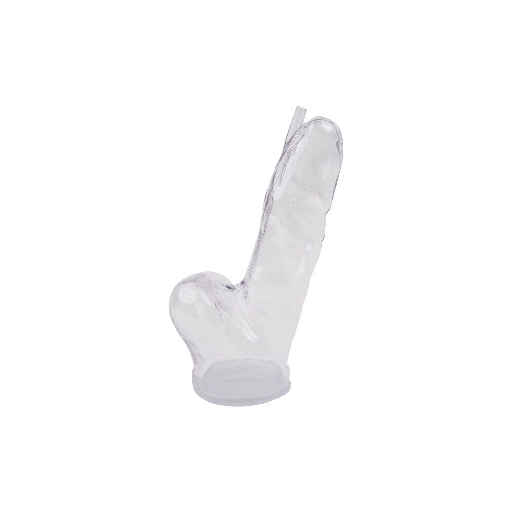 Glasklarer Zylinder mit Griff und Schlauchanschluss. Basis mit geriffeltem Rand. Wellness-Produkt.