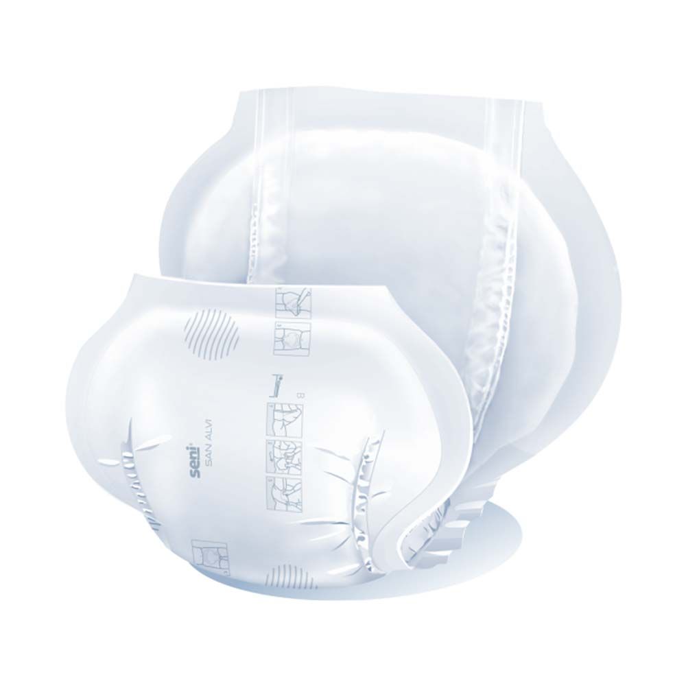 Seni San Alvi. Weißes Produkt, Ansicht von vorne. Abgebildet sind mehrere Produkte übereinander. Produkt mit abgerundeten Formen.