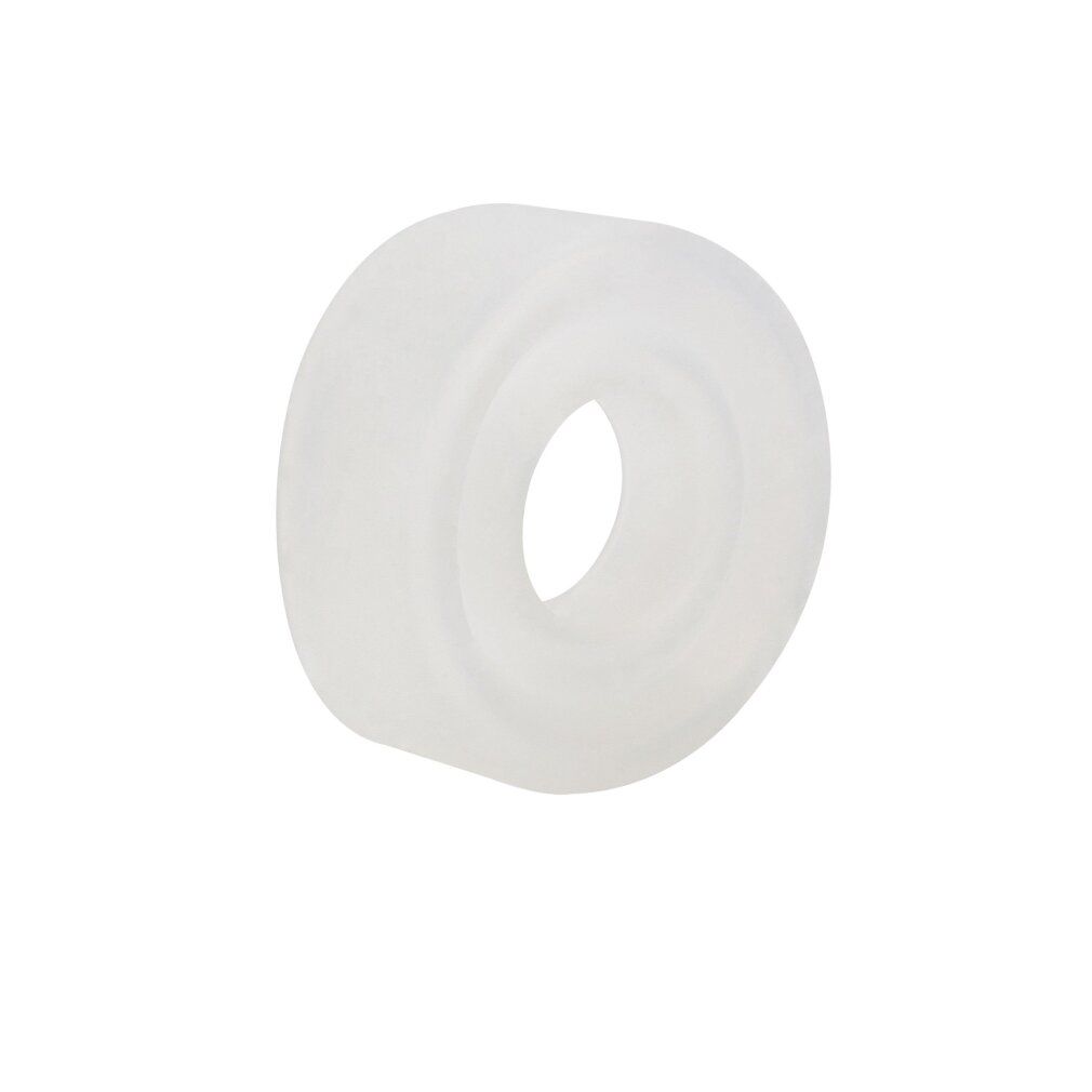 Weißes, ringförmiges Produkt aus Silikon. Mit zentraler Öffnung. Glatte Oberfläche.