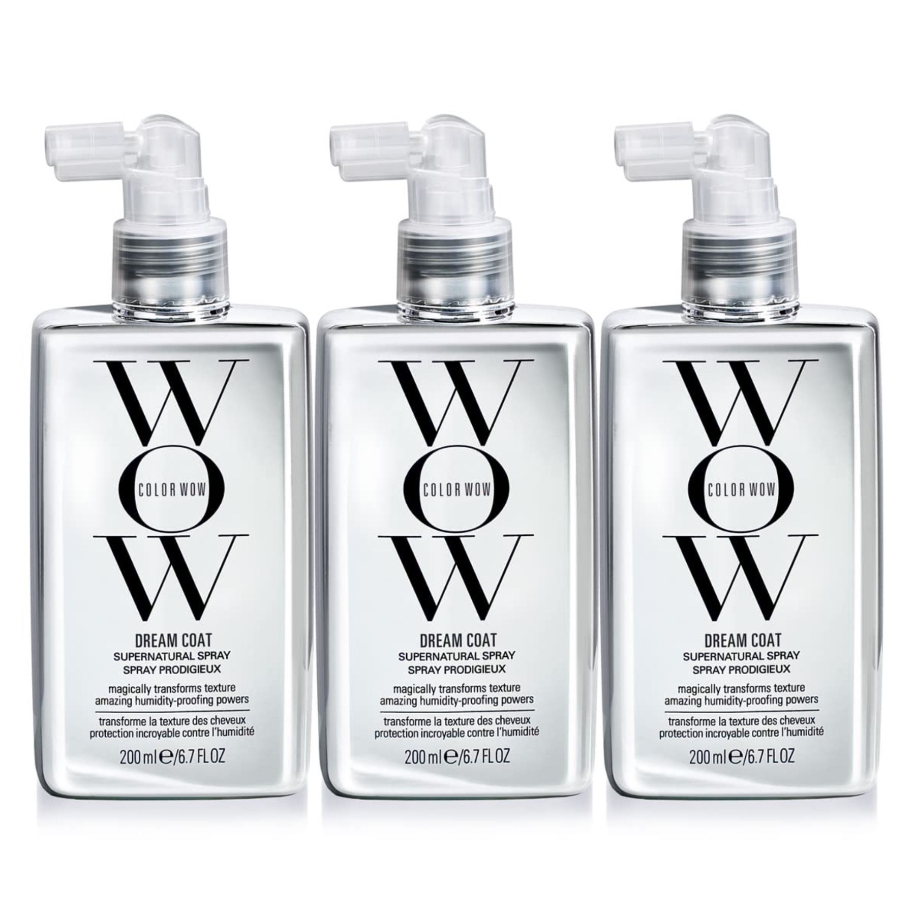 Drei silberne Sprühflaschen mit Produktnamen und Logo. 200ml.