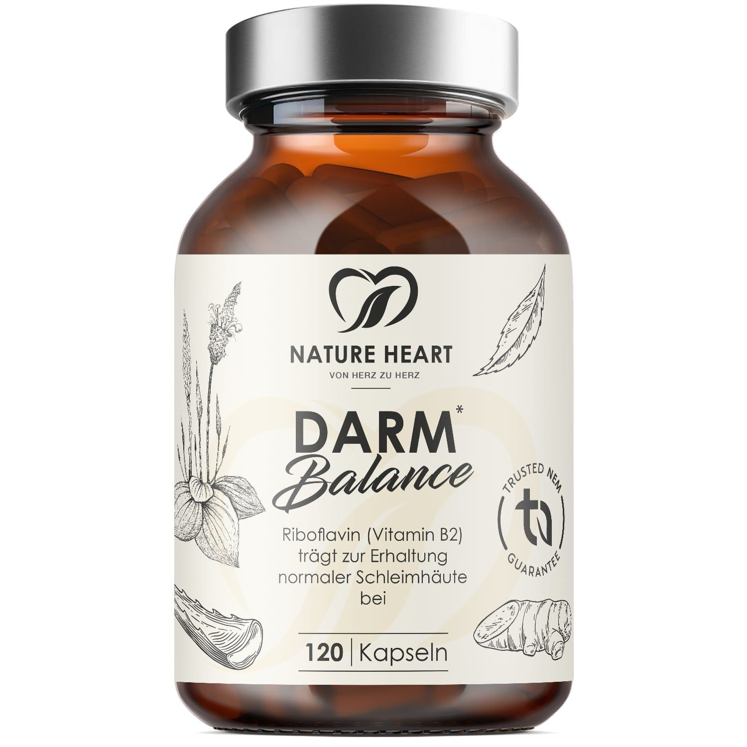 Braune Glasflasche mit Kapseln. Aufschrift: Darm Balance, Nature Heart. 120 Kapseln. Logo mit Herz und Blättern.