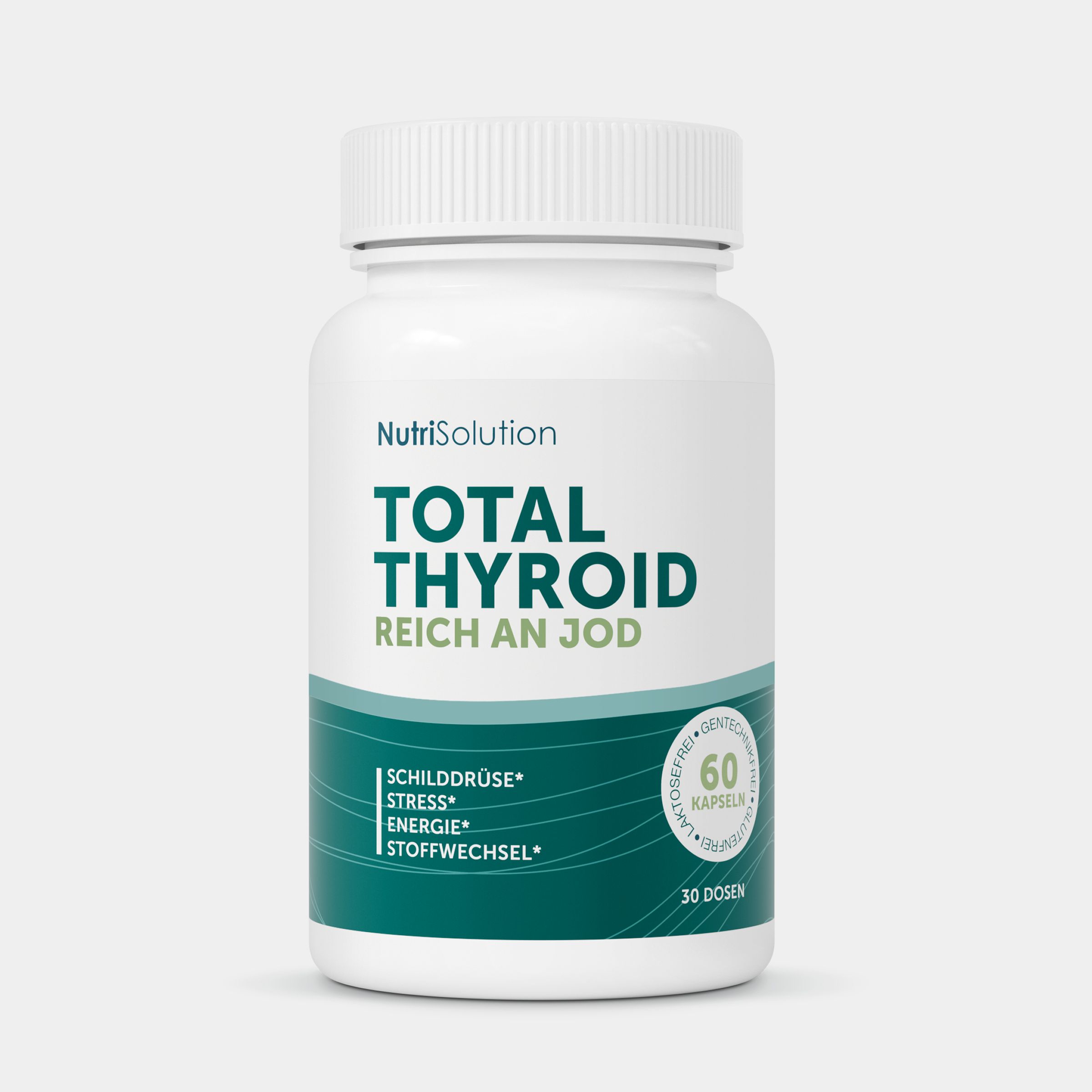 NutriSolution Total Thyroid Kapselbehälter mit 60 Kapseln, reich an Jod.