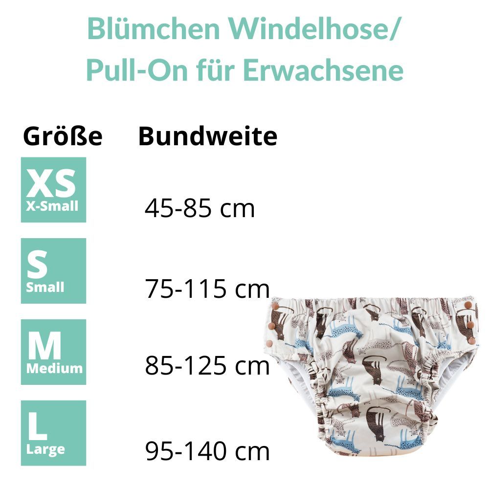 Größentabelle für Inkontinenzhosen: XS-L, Bundweite 45-140 cm. Mit Produktabbildung.