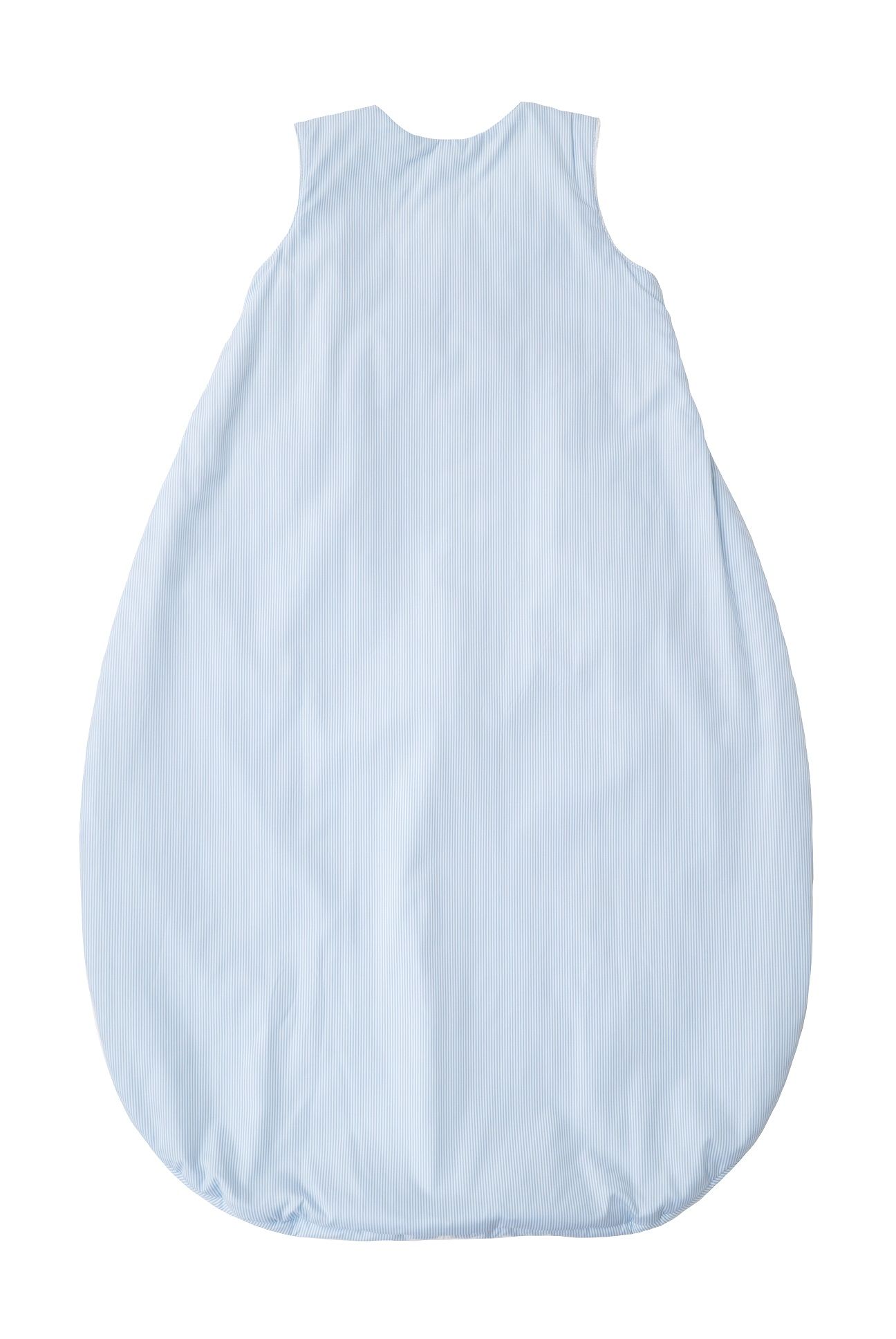 Hellblauer Schlafsack, Rückseite. Glatter Stoff, ovale Form, ärmellos. Marke Tavolinchen.