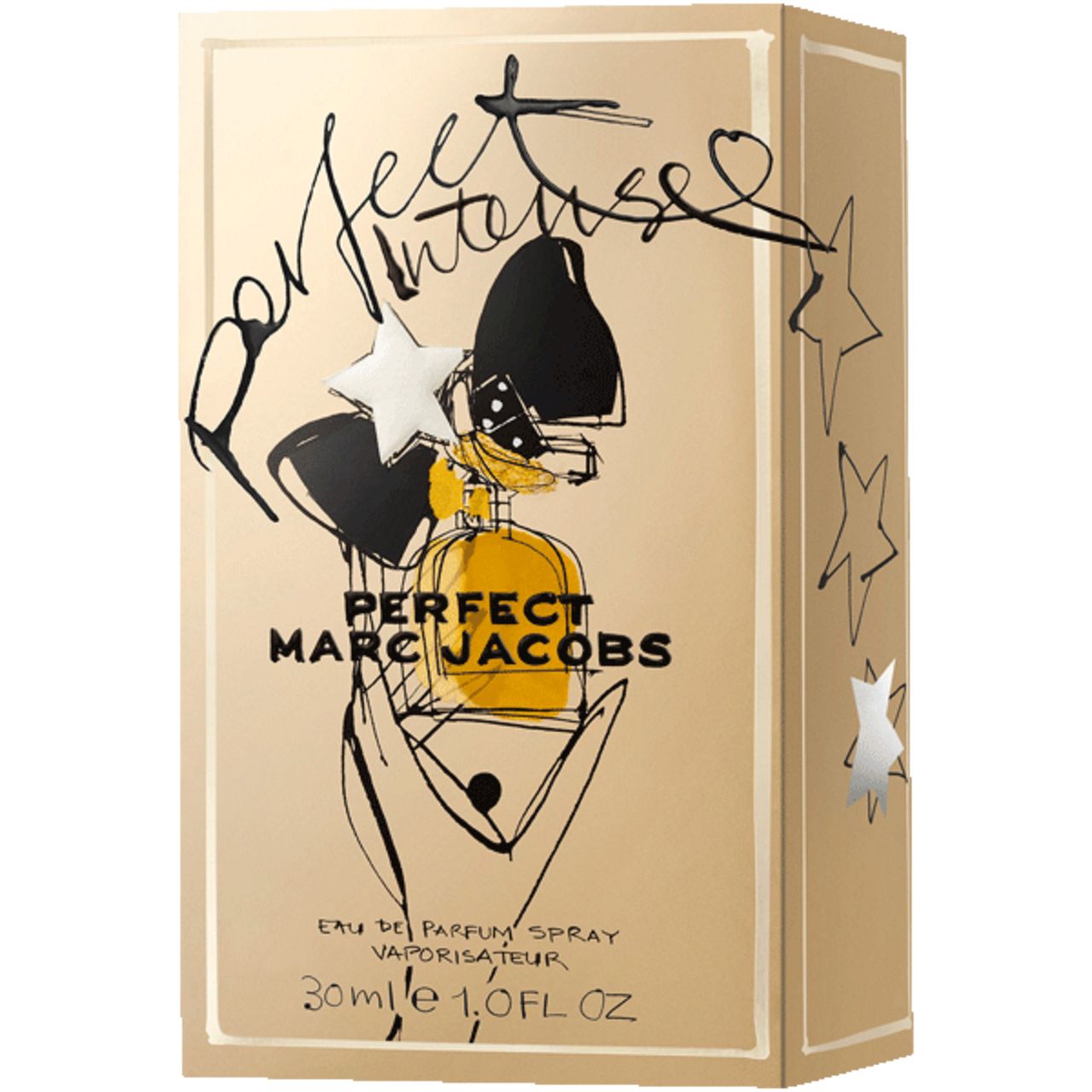 Verpackung mit Aufschrift: Perfect Marc Jacobs Intense. Goldfarbene Verpackung mit Illustration und Sternen. 30ml 1.0FL OZ.