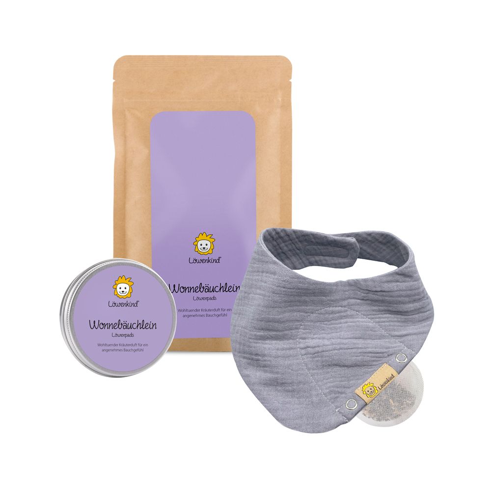 Set: Halstuch, Kräuterkissen, Beutel und Dose. Text: Wonnebäuchlein, Logo. Verpackung: brauner Beutel, lila Karte, silberne Dose.