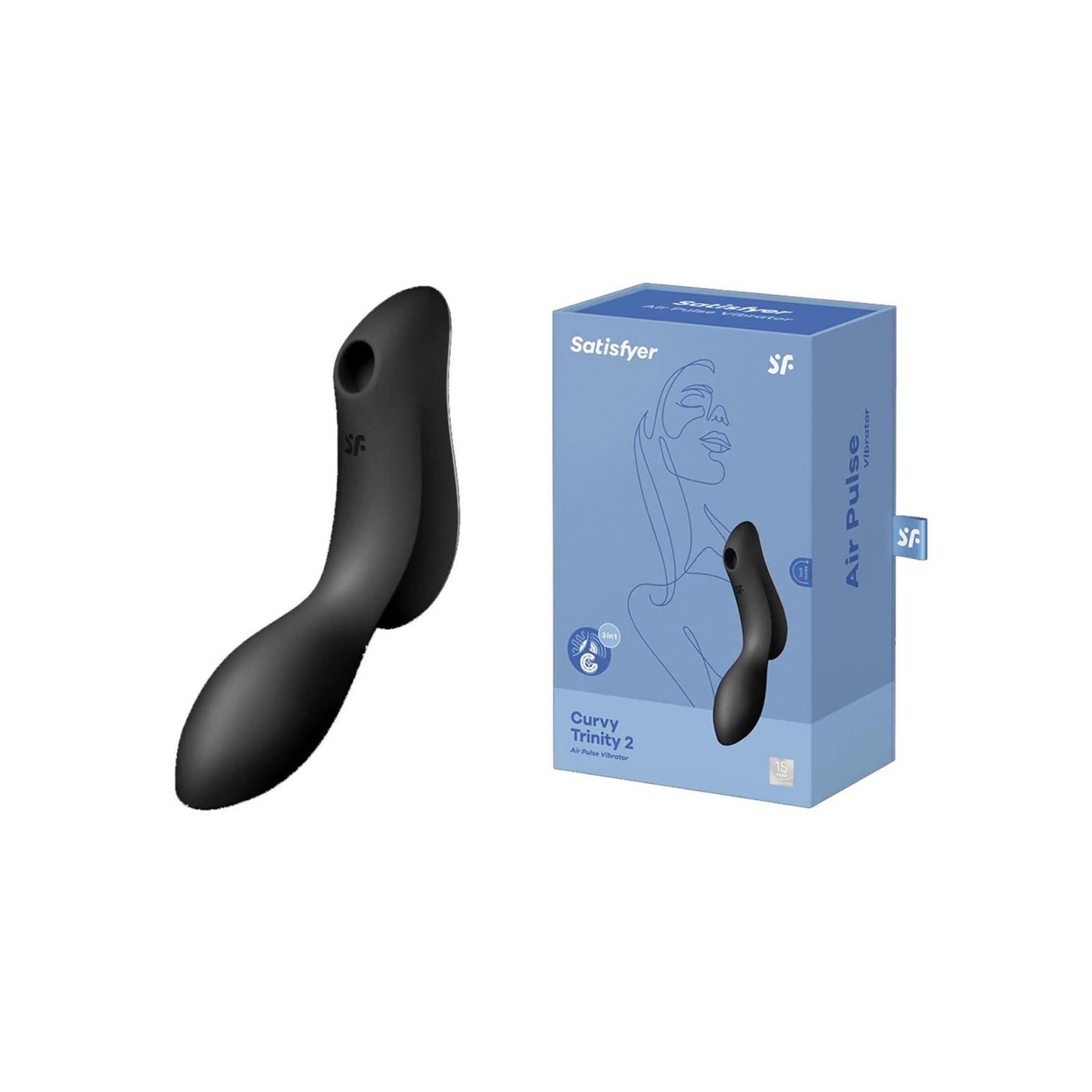 Schwarzes Satisfyer Curvy Trinity 2-Gerät neben blauer Verpackung. Verpackung mit Produktabbildung und Schriftzug.