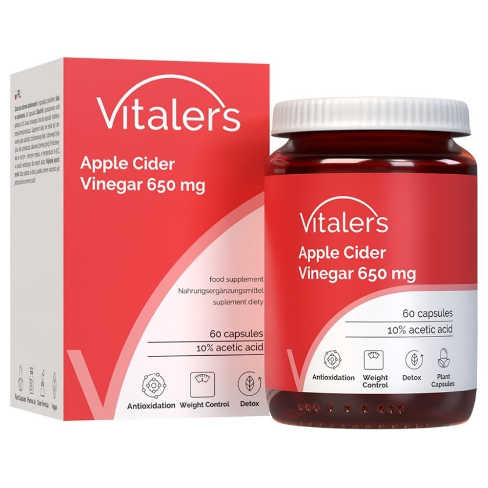 Vitaler's Apfelessig Kapseln 650 mg, 60 Stück. Rote Verpackung mit Flaschenabbildung.
