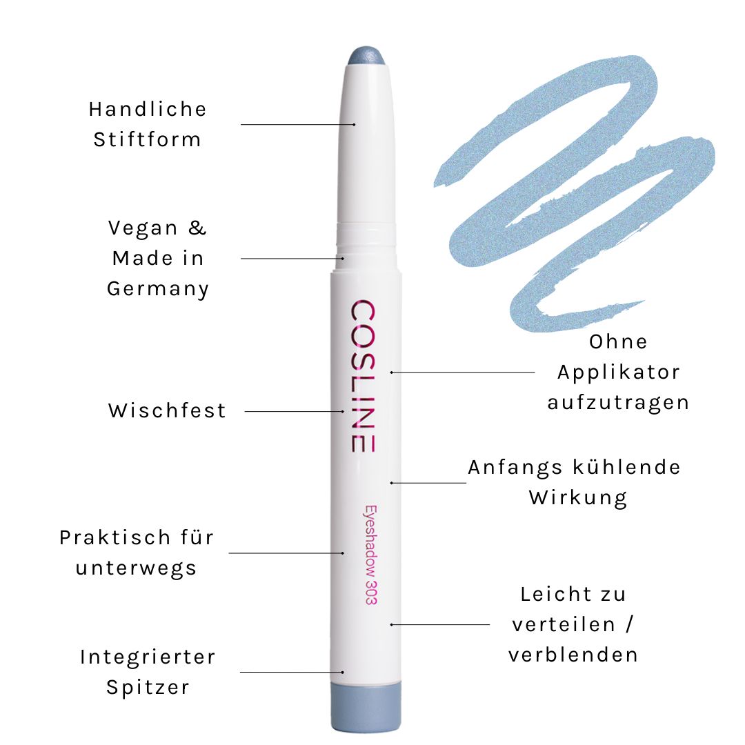 Weißer Stift-Lidschatten mit blauem Ende. Aufschrift "COSLINE Eyeshadow 303". Text: "Vegan & Made in Germany".
