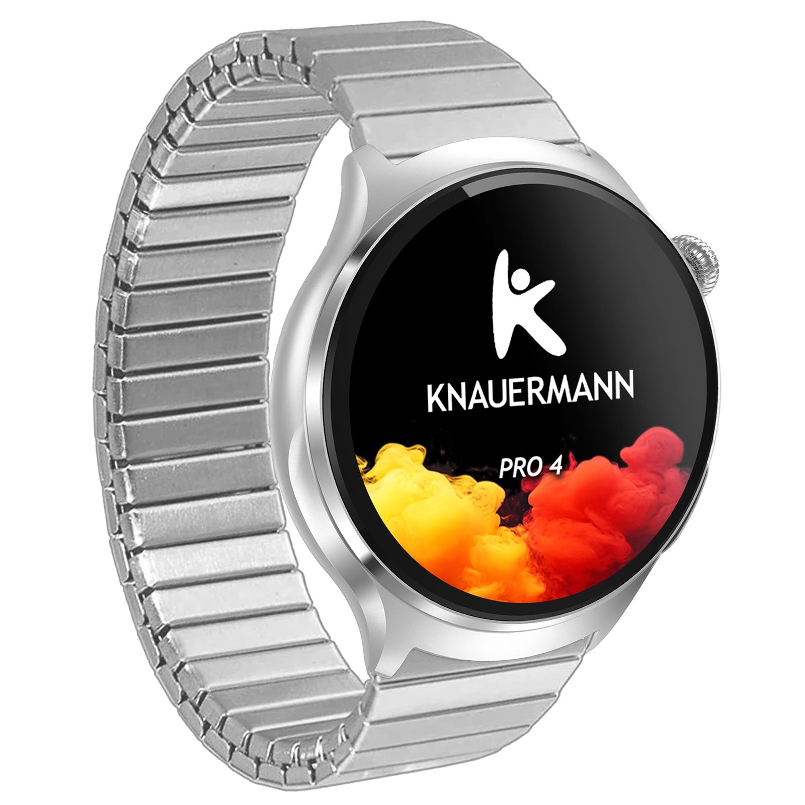 Silberfarbene Smartwatch mit Metallarmband. Rundes Display mit KNAUERMANN Logo und PRO 4. Farbiger Hintergrund.