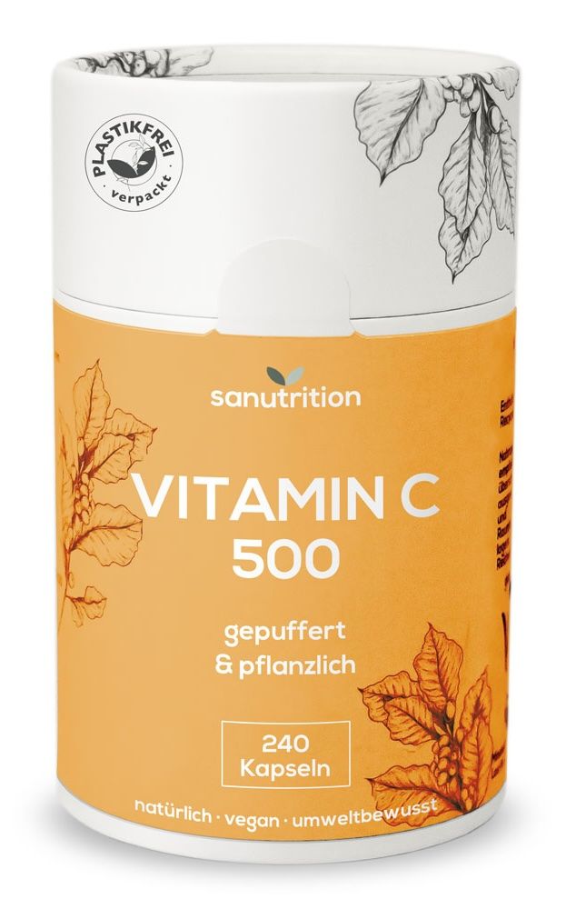 Zylindrische Dose mit "Sanutrition Vitamin C 500". Orangefarbener Aufkleber mit Produktinformationen. "Plastikfrei verpackt"-Logo.