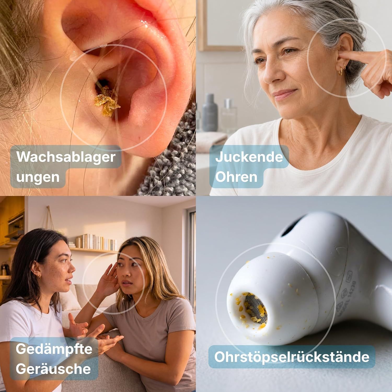 Vier-Strahl-Spitze einer Ohrenspülvorrichtung, die einen 360-Grad-Wasserstrahl zur Reinigung verwendet.