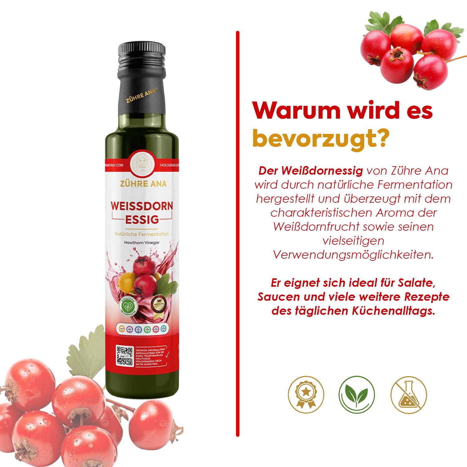 Flasche Weißdornessig von Zühre Ana mit Früchten und Blättern.