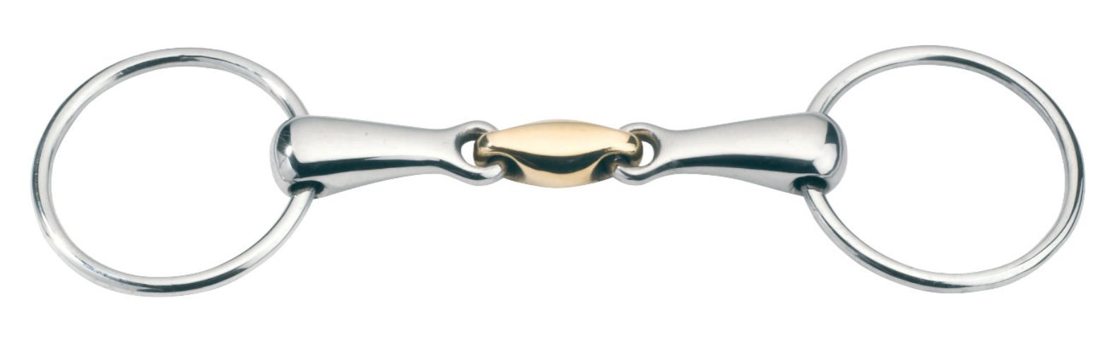 Gebiss aus Metall mit goldenem Mittelstück und zwei Ringen.