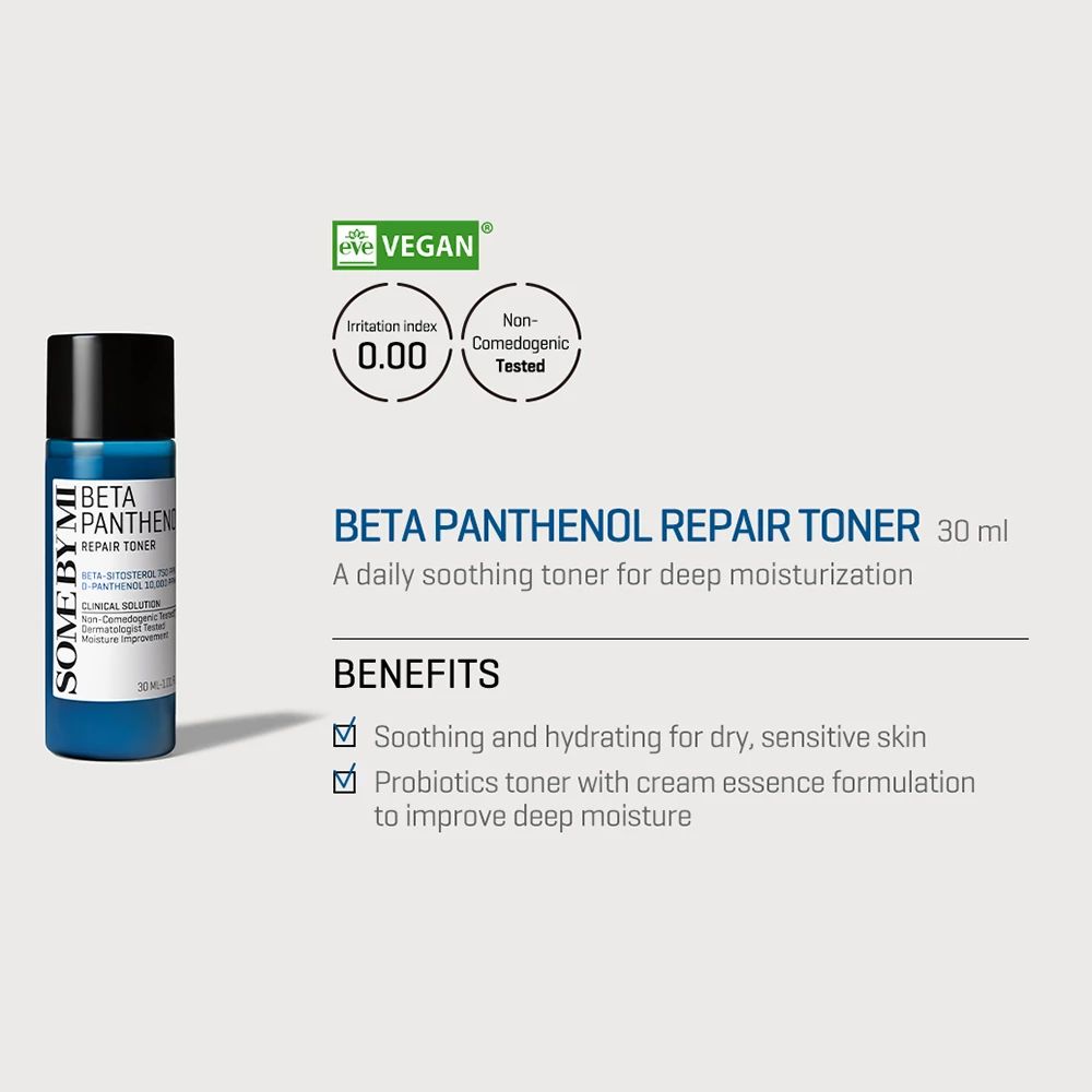 Blaue Flasche mit schwarzem Deckel. Aufschrift: Beta Panthenol Repair Toner, SOME BY MI. Vegan-Siegel. 30 ml.
