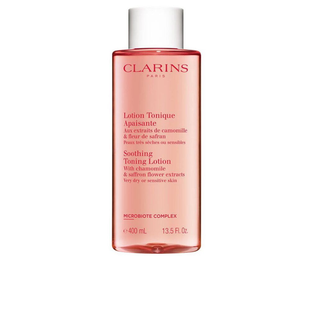 Rosa Flasche mit weißem Deckel. Beschriftung: CLARINS, Lotion Tonique Apaisante, 400 ml, 13.5 Fl. Oz. Text in Französisch und Englisch.